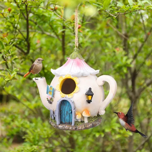 Miniatura 7 de Yinns Casas para Aves, Casa de Resina para Aves para Exterior, Casas Decorativas para Aves, Casas para Aves con Regadera Colgante para Exteriores