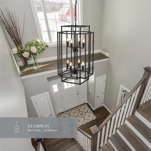 Miniatura 4 de lámpara colgante de farol de 8 luces en forma de escalones, lámpara de araña de granja de metal negro para colgar en vestíbulo de entrada, comedor
