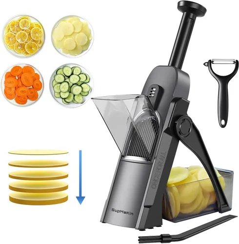 SupMaKin Cortador de mandolina seguro para cocina, cortador de papas para papas fritas, cortador de verduras y alimentos, grosor ajustable de 0.1-8
