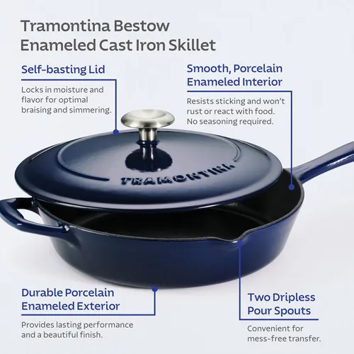 Miniatura 5 de Tramontina Bestow - Sartén de hierro fundido esmaltado con tapa, sartén de 12 pulgadas, color azul
