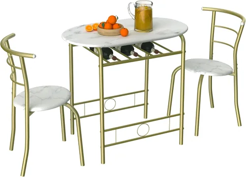 Miniatura 25 de VECELO Juego de mesa de comedor de 3 piezas para rincón de desayuno, mesa ovalada de mármol sintético y marco de metal con estante de vino Blanco