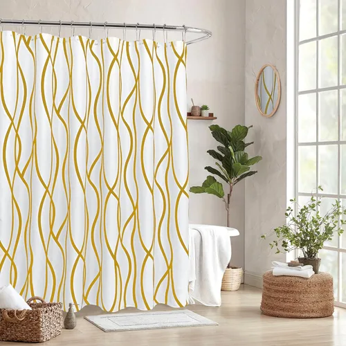 Biscaynebay - Cortina de ducha extralarga de tela texturizada de 72 x 72 pulgadas, cortinas de baño modernas de lino con rayas doradas impresas de