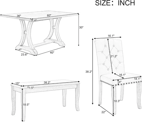 Miniatura 6 de Merax Juego de mesa de comedor de cocina de 6 piezas, juego de mesa de comedor de granja con mesa rectangular y 4 sillas tapizadas y banco, juego