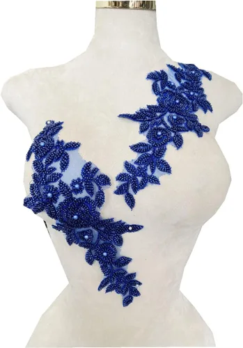 PLune Apliques de encaje con cuentas, parches perfectos para vestidos de boda, accesorios de ropa, un par/bolsa, 5.5 x 12.9 pulgadas (azul)