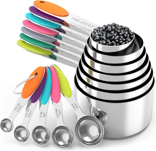 Miniatura 7 de Juego de tazas y cucharas de medición TILUCK, de acero inoxidable, utensilios de cocina para cocinar y hornear (14)