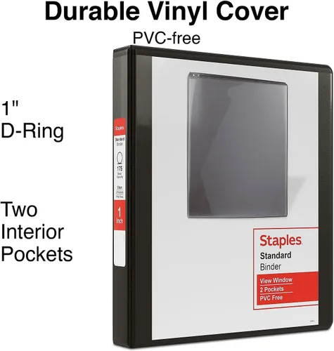 Miniatura 3 de Staples Carpeta de 3 anillas, anillo en D de 1 pulgada, negro, organizador compacto para el hogar, la oficina y la escuela, con capacidad para hasta