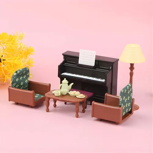 Miniatura 2 de Juego de Casa de Muñecas Familiar para Sala de Estar — Piano con Banco y Partitura, Dos Sillones, Mesa de Centro, Lámpara de Pie y Juego de Té