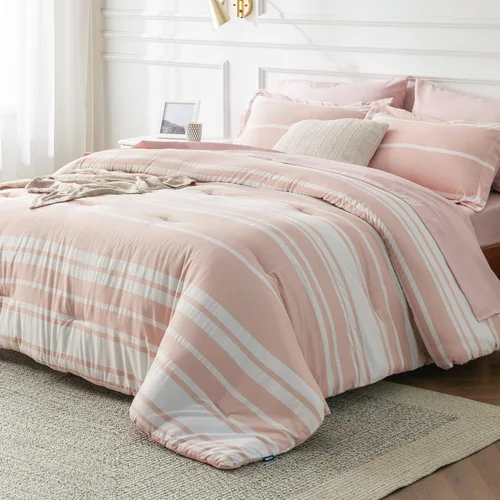 Miniatura 16 de Bedsure Juego de ropa de cama con edredón tamaño individual de 5 piezas, juego de ropa de cama a rayas azules para todas las estaciones, reversible