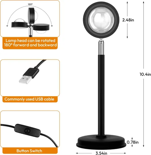 Miniatura 3 de Tsrarey Proyector de Lámpara de Puesta de Sol, Luz de Proyección de Sol con Rotación de 180 Grados, Lámpara de Pie LED para Noche con Puerto USB