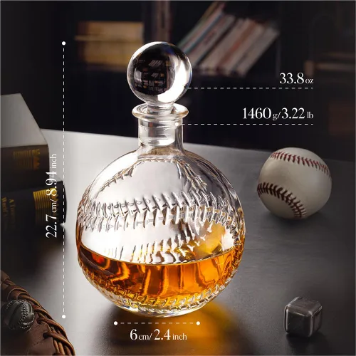Miniatura 4 de Decantador de whisky de béisbol con tapón de vidrio de 33.8 oz/33.8 fl oz, decantador redondo para whisky, bourbon, brandy, licor y ron para papá