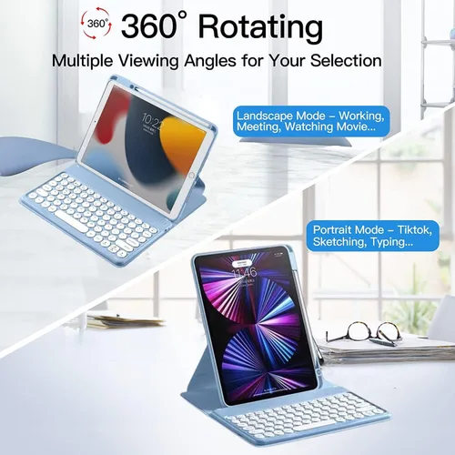 Miniatura 2 de Funda para iPad de 9ª/8ª/7ª generación con teclado de 10.2 pulgadas, cubierta inteligente giratoria con teclado redondo magnético desmontable, azul