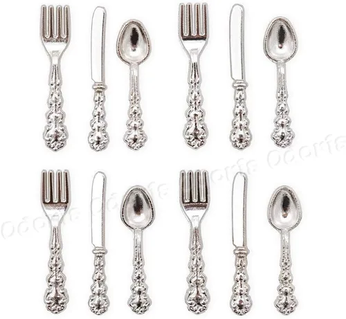 Miniatura 4 de Odoria 1/12 Platos en miniatura y cubiertos Cuchillo Tenedor Cuchara Juego de accesorios para casa de muñecas, plata plateado