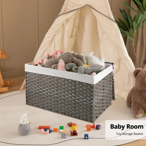 Miniatura 6 de OIAHOMY Cesta de Almacenamiento Grande con Tapa, 42.3 Galones (160L) Cesta para Mantas con Bolsa de Forro Extraíble, Cesto de Mimbre con Asa, Gris