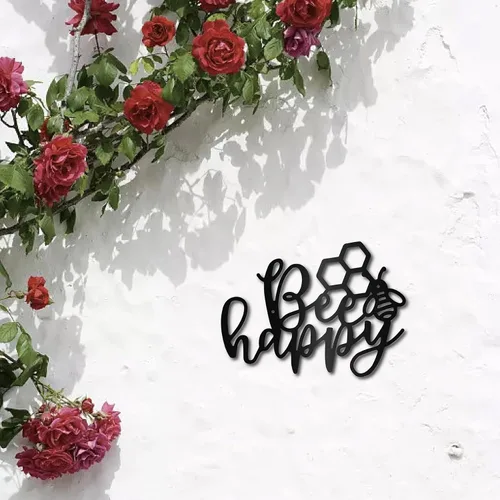 Miniatura 5 de CREATCABIN Arte de pared de metal con diseño de abeja feliz, escultura de pared, letrero de decoración colgante de contorno de hierro, arte de pared