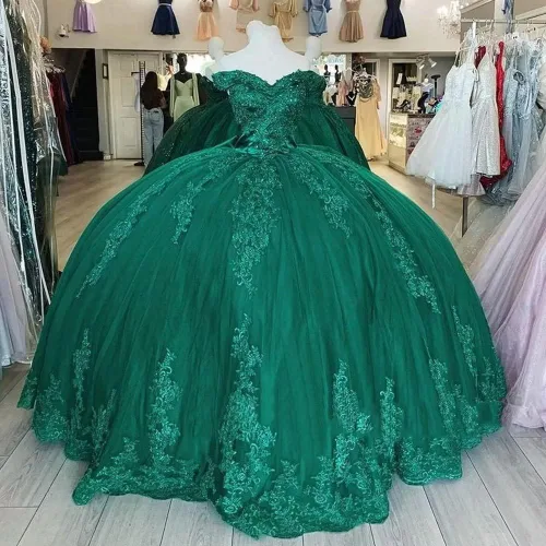 Miniatura 4 de PFTFB Vestidos de quinceañera con hombros descubiertos para mujer, vestidos de tul hinchados con tren, encaje y cuentas, vestido largo de baile