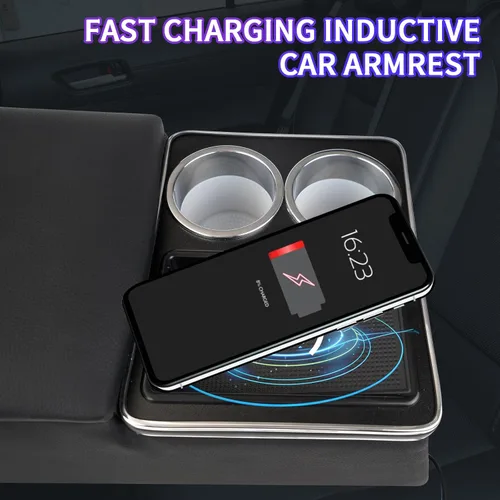 Miniatura 2 de Organizador de consola central universal mejorado con soporte de carga inductiva, carga rápida, portavasos y soporte para teléfono para automóvil
