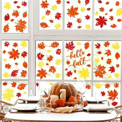 Miniatura 2 de Whaline 105 calcomanías de ventana de hojas de arce con purpurina de otoño, coloridas calcomanías de vidrio de doble cara para otoño, cosecha