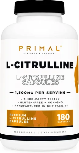 Primal Cápsulas de L-citrulina (180 cápsulas/1,500 mg por porción) | Suplemento premium de L-citrulina
