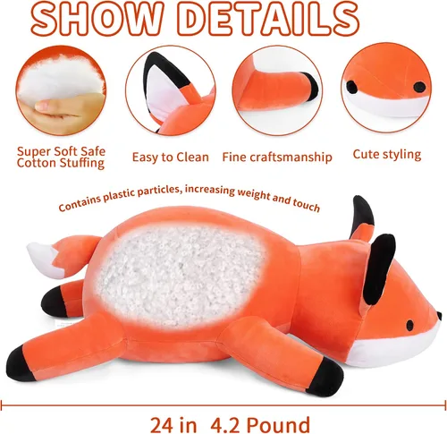 Miniatura 2 de WeBingo Animales de peluche con peso, 24 pulgadas, peluche de zorro con peso de 4.2 libras, almohada suave, lindo regalo de peluche gigante