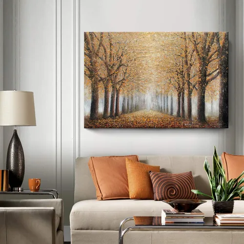 Miniatura 14 de AMATOP Arte de pared turquesa 100% pintado a mano, pintura al óleo de paisaje forestal en lienzo, obra de arte enmarcada original, pájaro dorado
