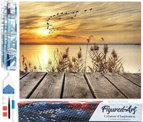 Figured'Art Kit de arte de pintura de diamantes para adultos de 16 x 20 pulgadas, taladro cuadrado completo 5D en el lago, lienzo enrollado