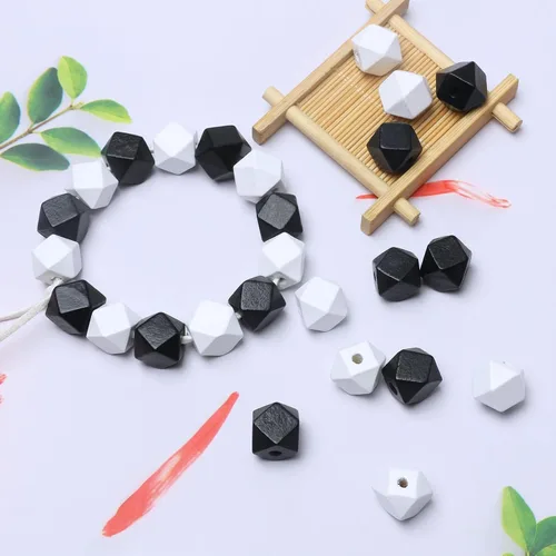 Miniatura 3 de 100 cuentas geométricas de madera de 0.630 in, cuentas espaciadoras de madera con forma de polígono en blanco y negro para proyectos