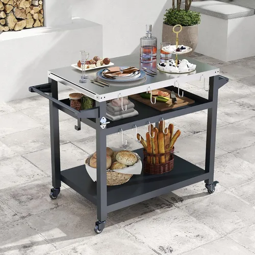 Domi - Mesa de parrilla para exteriores de 3 estantes, carrito de parrilla con ruedas, horno de pizza al aire libre y mesa de preparación de