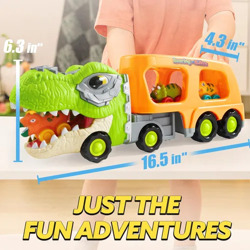 Miniatura 6 de JOYIN Juguetes de dinosaurio para niños de 2 a 4 años, juguetes para niños pequeños, camión transportador de dinosaurios con 6 vehículos de carro