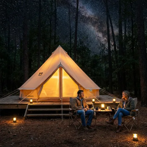 Miniatura 8 de Tienda de campaña Bell Yurt con gato de estufa, tienda de campaña de lujo impermeable para 4 estaciones, tela Oxford 420D, tiendas de campaña verde
