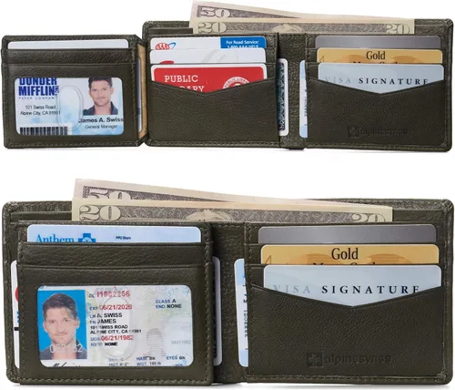 Miniatura 2 de Alpine Swiss RFID - Cartera de piel con 2 compartimentos para documentos de identidad, con ventana dividida, sección para billetes, en caja
