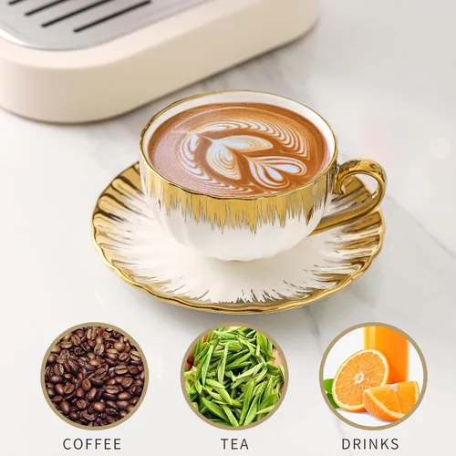 Miniatura 2 de LETAOTAO Juego de 4 tazas y platillos de expreso, tazas de café apilables de cerámica de 3 onzas con borde dorado, mini tazas Demitasse, juego