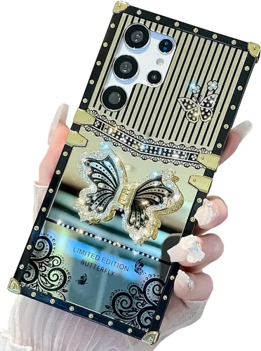Miniatura 45 de Bonita funda compatible con Samsung Galaxy S22 Ultra, soporte plegable de lujo con diseño de mariposa brillante para mujeres y niñas, funda Blanco