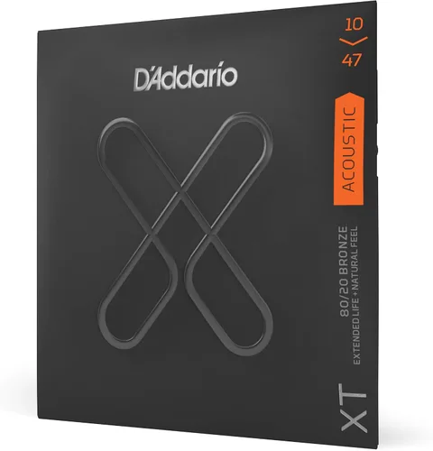 D'Addario Cuerdas para guitarra acústica, XT 80/20 bronce recubierto, XTABR1047, calibre extra ligero 10-47, juego de 6 cuerdas, paquete de 1