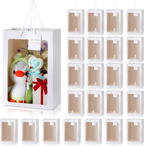 Miniatura 10 de Yahenda - 24 bolsas de regalo grandes con ventana transparente de 13.8 x 9.8 x 5.9 pulgadas, bolsas de papel transparente para ramo de flores