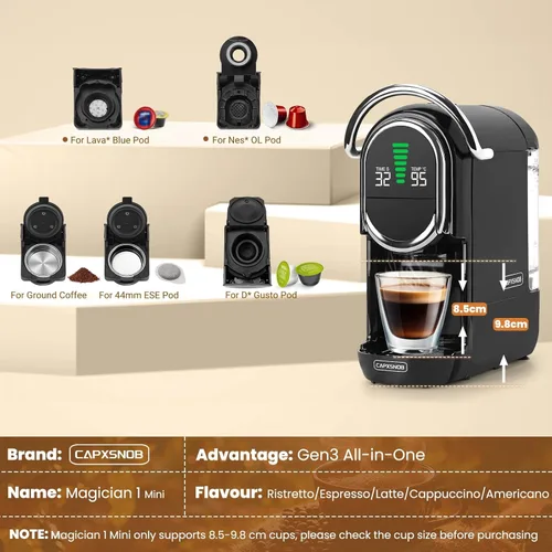 Miniatura 8 de Máquina de Espresso Mini Magician1 para Nespresso Original, Dolce Gusto, Lavazza Blue, Cápsulas ESE, Máquina de Café de 19 Bares para Café Molido
