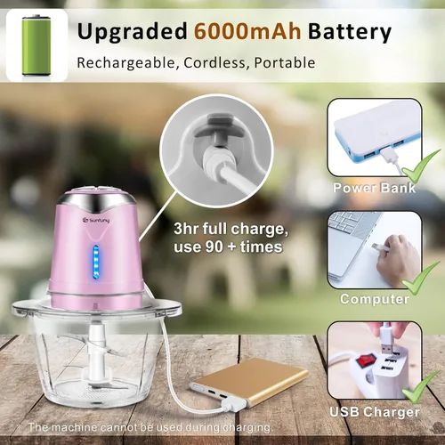 Miniatura 4 de Procesador de alimentos 6000mAh Picador de verduras inalámbrico con cuenco de vidrio de 5 tazas, picador eléctrico de carne de ajo sin BPA