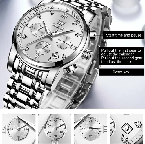 Miniatura 4 de OLEVS Relojes impermeables para hombre, de acero inoxidable, con cronógrafo, de lujo, color blanco, luminoso, de gran cara, analógico, de cuarzo