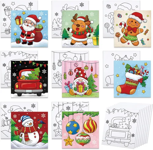 Anseal 8 Paquetes Lienzos Predibujados de Navidad para Pintar, 8" X 8" Lienzo Preimpreso para Niños, Tableros de Pintura con Contorno Preestirado