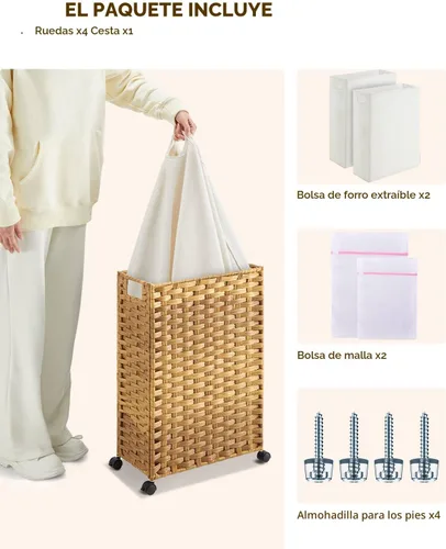 Miniatura 3 de GREENSTELL - Cesta de ropa con ruedas, 45 L (11.9 galones) Cesta pequeña de ropa con 2 bolsas extraíbles y 2 bolsas de malla, cesto de ratán delgado