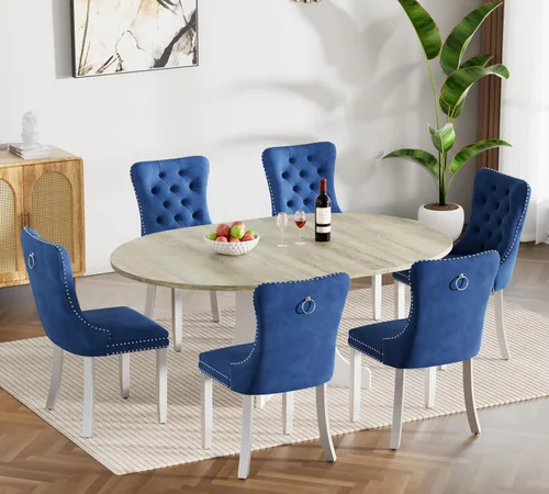 Miniatura 93 de Juego de mesa de comedor de mármol sintético blanco para 6 personas, juego de mesa de comedor extensible de 7 piezas de 63 a 78.74 pulgadas con 6
