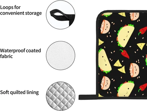 Miniatura 6 de Juego de 4 manoplas de horno y soportes para ollas con estampado de tacos Kawaii, guantes resistentes al calor para cocina, hornear, asar a la Lindo