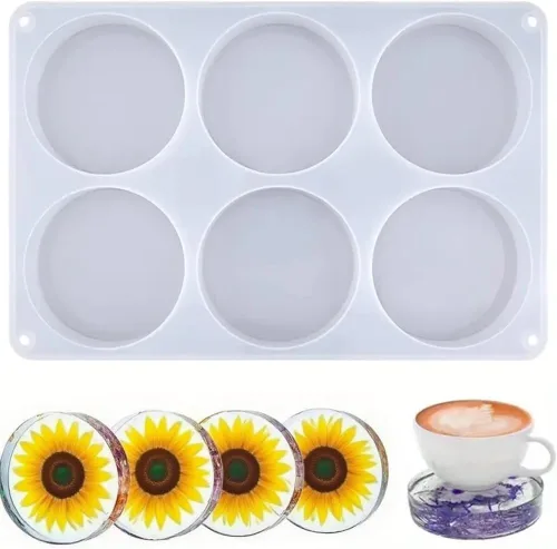 Moldes de silicona para posavasos profundos de 6 cavidades y redondos para resina epoxi, molde de resina para posavasos de 4 pulgadas para la