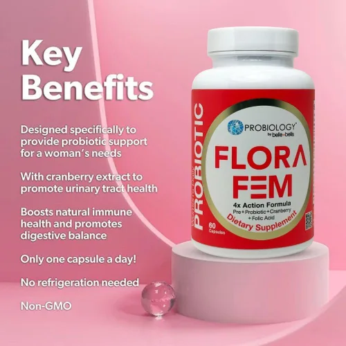 Miniatura 4 de Belle+Bella Probiology Flora Fem - Probióticos diarios para mujeres - Prebiótico de acción 4X + probiótico + arándano + ácido fólico para la salud