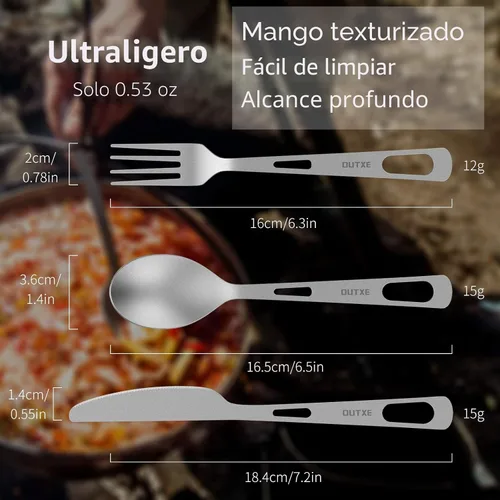 Miniatura 2 de OUTXE Juego de cubiertos de titanio, cuchillo, tenedor, cuchara, ligero, para campamento, con bolsa de transporte para viajes, picnic, senderismo