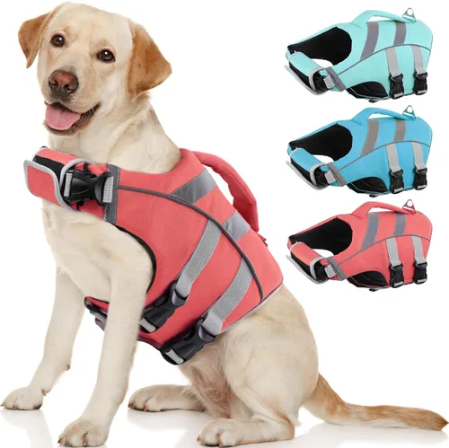 Miniatura 12 de Kuoser Chaleco salvavidas para perros con rayas reflectantes, chaleco salvavidas ajustable para mascotas con alta flotación, traje de baño