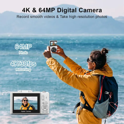 Miniatura 2 de Cámara Digital 4K para Fotografía, Cámara de Vlogging de 64MP para YouTube con Pantalla Abatible de 3" 180°, Cámara Point and Shoot con Zoom Digital