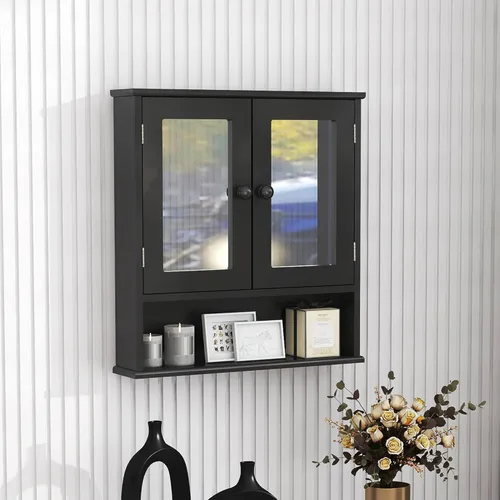 Miniatura 8 de TaoHFE Gabinete de medicina negro, 2 puertas con 3 estantes abiertos, gabinete de almacenamiento de madera montado en la pared sobre el inodoro
