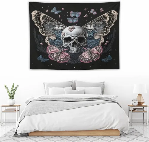 Miniatura 2 de Naykow Tapiz de calavera y mariposa, tapiz rosa trippy negro, tapiz de bruja gótica para dormitorio, decoración de habitación hippie de mariposa