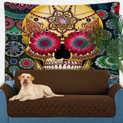 Miniatura 5 de Tapiz de calavera de azúcar, tema del Día de los Muertos, arte de pared bohemio con flores, decoración del hogar, tapices para dormitorio, sala
