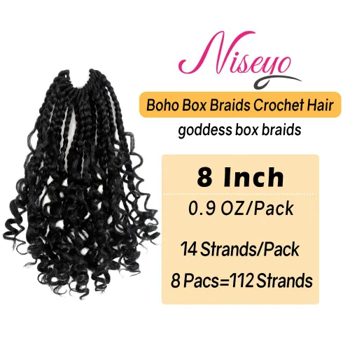 Miniatura 2 de Niseyo - Caja diosa con trenzas de pelo a crochet de 8 pulgadas, paquete de 8 unidades, trenzas de caja a crochet cortas, extremos rizados